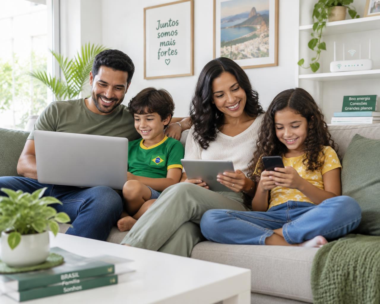 Família conectada usando internet Flognet em casa